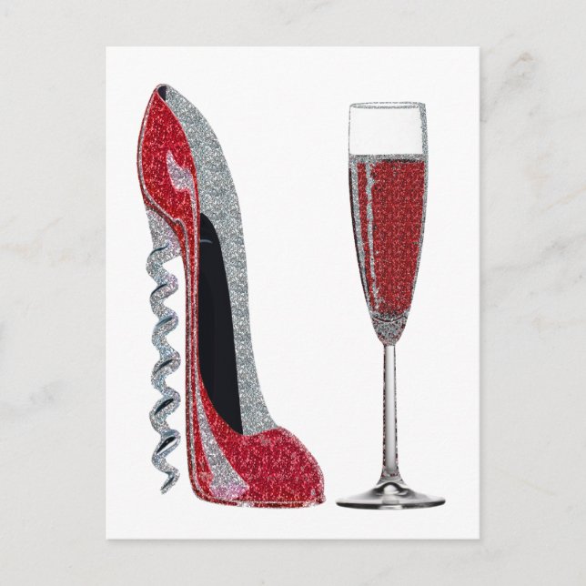 Corkskruv Heel Red Stiletto och Champagne Glass Vykort (Framsida)