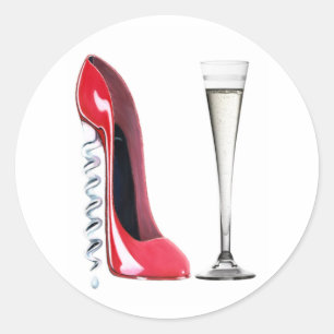 Corkskruv Heel Red Stiletto Shoe Champagne Flute Runt Klistermärke
