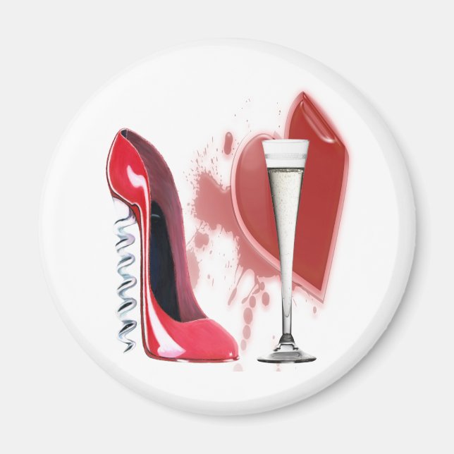 Corkskruv Red Stiletto Shoe, Champagne and Heart Magnet (Framsidan)