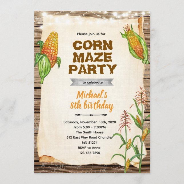 Corn maze birthday party invitation inbjudningar (Framsida)