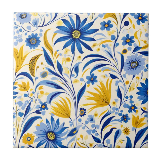 Cornblomma Blue och Gult Löv Mönster Kakelplatta (Framsidan)