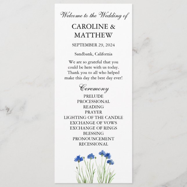 CornblommBlue Blommigt Wildblomma Bröllop Program (Framsida)