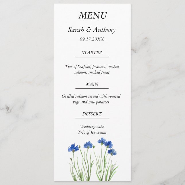 Cornblommor WildblomBlue Blommigt Bröllop Food Meny (Framsida)