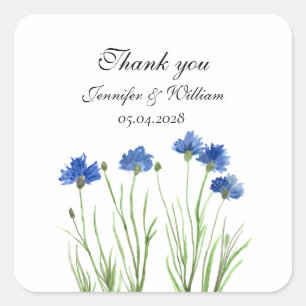 Cornblommor Wildblommor Flowers Watercolor Bröllop Fyrkantigt Klistermärke