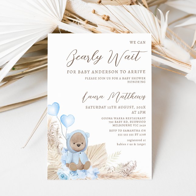 Corner Blommigt Boho vi kan bolla Baby Shower Inbjudningar (Boys we can bearly wait for baby to arrive baby shower invitation with bear and heart shaped balloon)