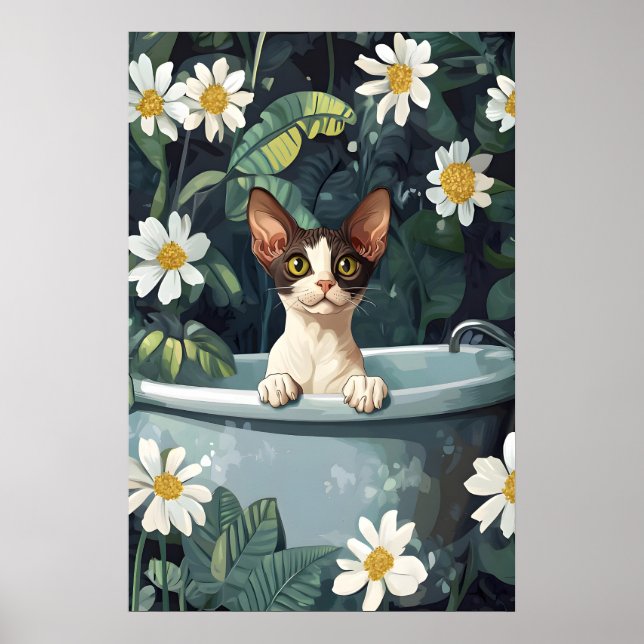 Cornish Rex i badkar Affisch, Rolig katt Affisch (Framsidan)