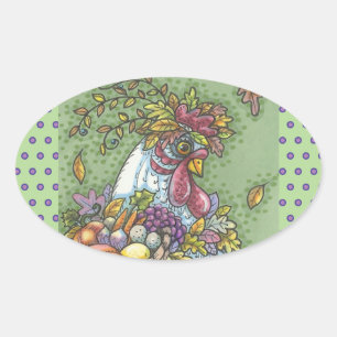 CORNUCOPIA HEN, THANKSGIVING CHICKEN STICKERS Oval Ovalt Klistermärke