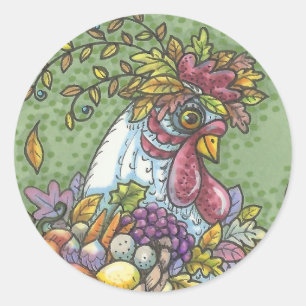 CORNUCOPIA HEN, THANKSGIVING CHICKEN STICKERS Rnd Runt Klistermärke
