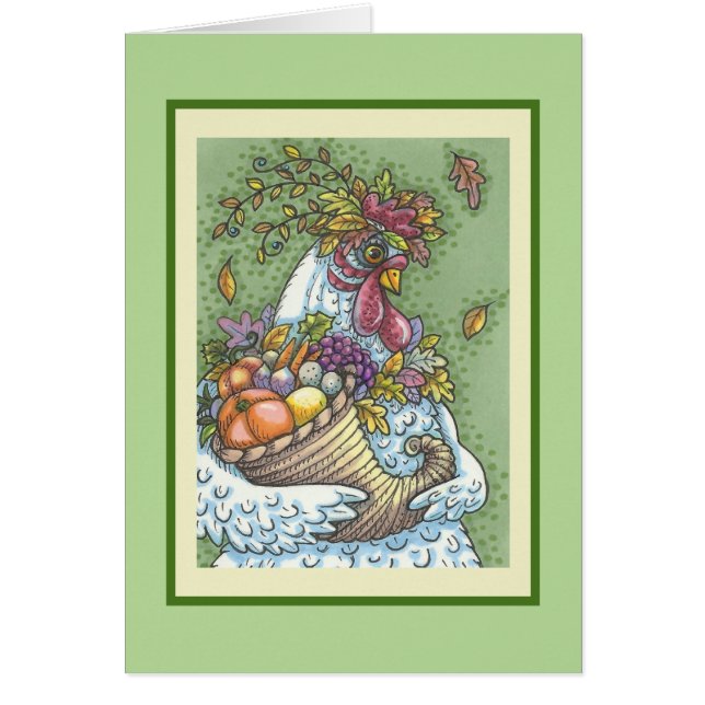 CORNUCOPIA HEN, THANKSGIVING GREETING CARD Verse OBS Kort (Framsidan)
