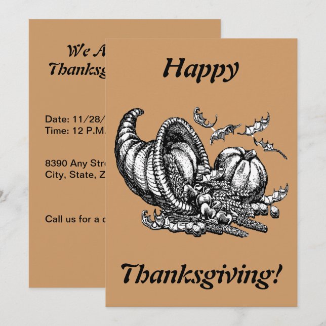 Cornucopia Line Art-Thanksgiving, ZPR Inbjudningar (Fram/baksida)