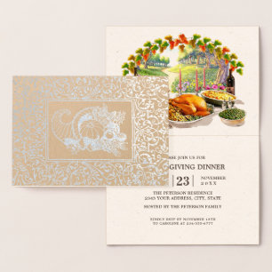 Cornucopia Real Foil Thanksgiving Dinner Inbjudnin Folierat Kort