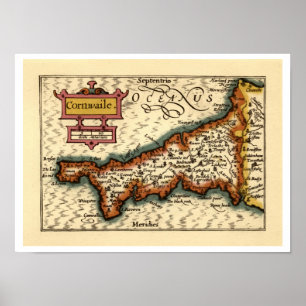 Cornwaile Cornwall County Karta, England Poster