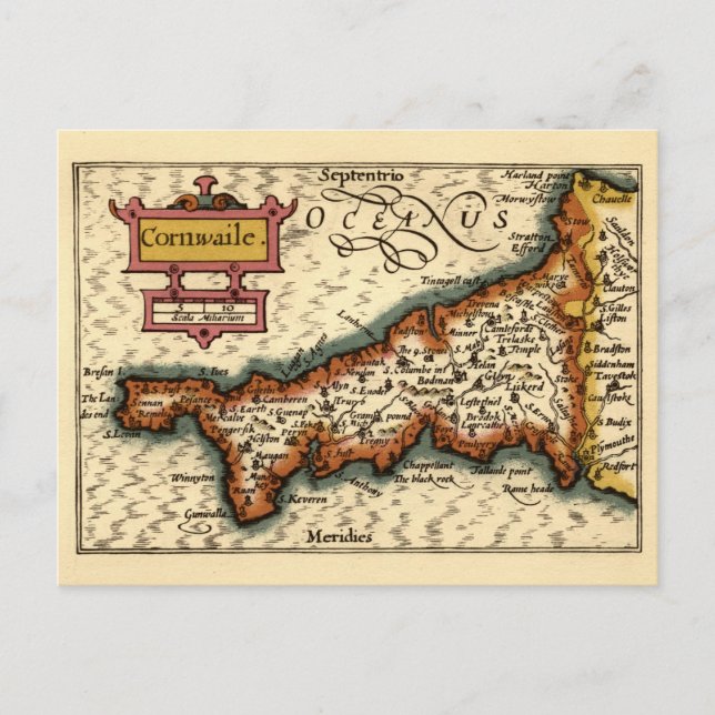 Cornwall, Cornwall County England Antik karta Vykort (Framsida)