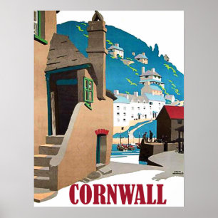 Cornwall, hamn och hus på backen, vintage poster