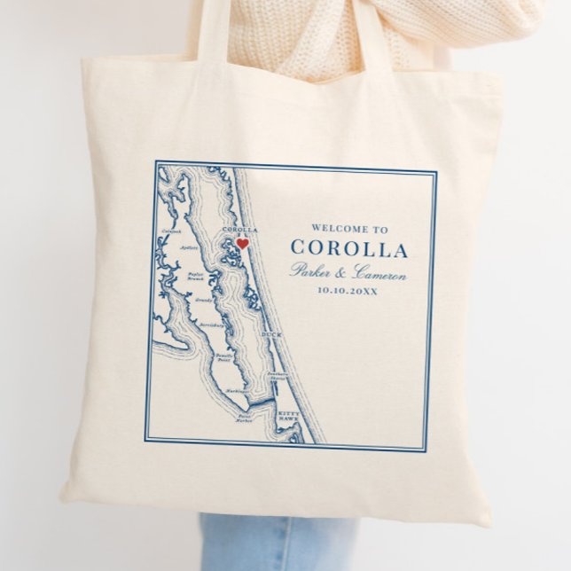 Corolla NC Kart Elegant Marinblå Bröllop Tygkasse (Corolla NC Map Wedding Favor Tote Bag Welcome Bag for elegant Navy Blue Outer Banks Wedding )