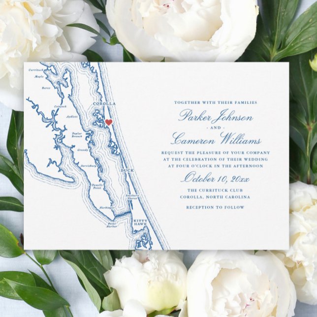 Corolla NC-karta Elegant Navyblå Bröllop Inbjudningar (Corolla NC Map Outer Banks Wedding Invitation in Elegant Navy Blue by Coastal Map Designs)