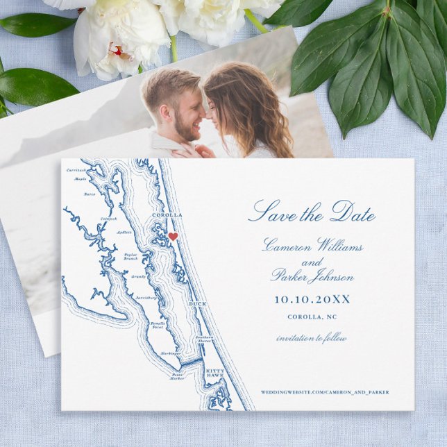 Corolla NC-karta Elegant Navyblå Bröllop Spara Datumet (Corolla NC Map Outer Banks Wedding Photo Save The Date in Elegant Navy Blue by Coastal Map Designs)