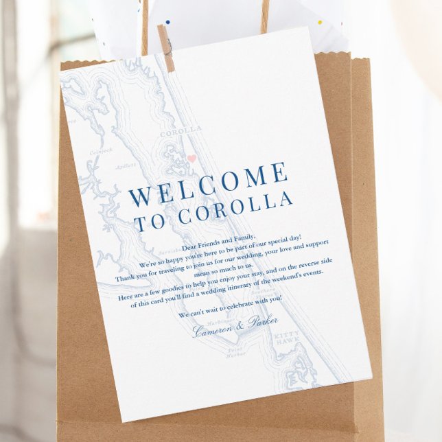 Corolla NC Map Wedding Welcome Itinerary Navy Blue Tack Kort (Corolla NC Map Wedding Welcome Letter Weekend Itinerary in Elegant Navy Blue by Coastal Map Designs)