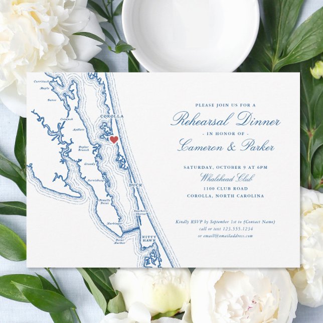 Corolla NC OBX Map Navy Blue Rehearsal Dinner Inbjudningar (Corolla NC Rehearsal Dinner Invitation with Elegant navy blue Outer Banks map by Coastal Map Designs)