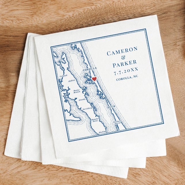 Corolla NC Outer Banks Map Navy Elegant Wedding Pappersservett (Corolla NC Map Wedding Cocktail Napkins Outer Banks in Elegant Navy Blue by Coastal Map Desi)