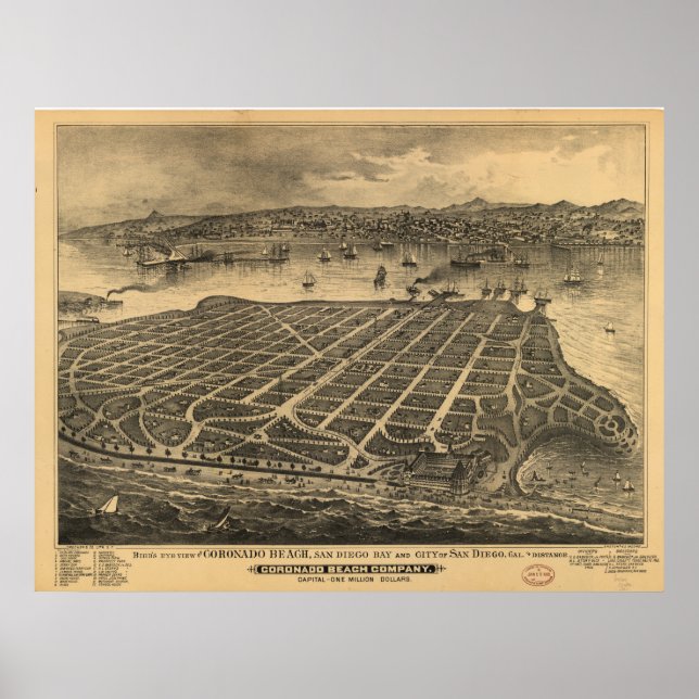 Coronado California Antique Panoramic Karta Poster (Framsidan)