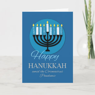 Coronavirus Hanukkah Menorah på Mörk blått Kort