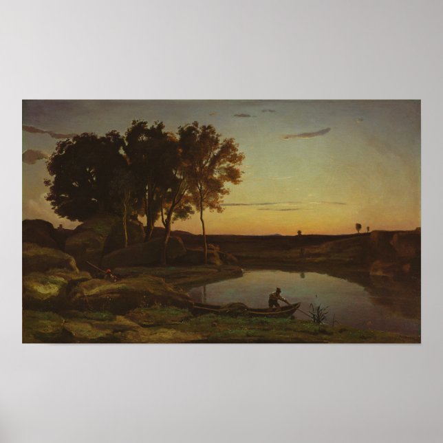 Corot - Liggande med Sjö och Boatman Poster (Framsidan)