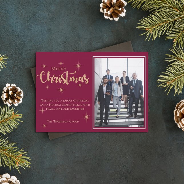 Corporate Faux Guld Glitter God jul Photo Julkort (Corporate Faux Gold Glitter Merry Christmas Photo Holiday Card)