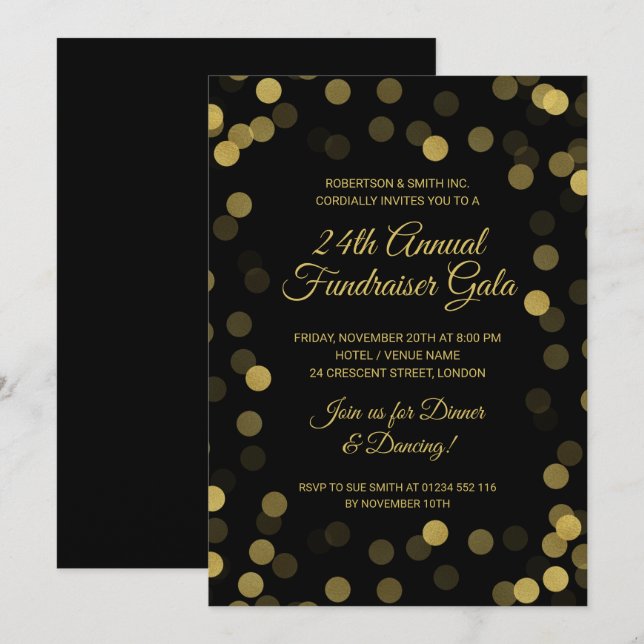 Corporate Fundraiser Guld Glitter Dots Black (Fram/baksida)