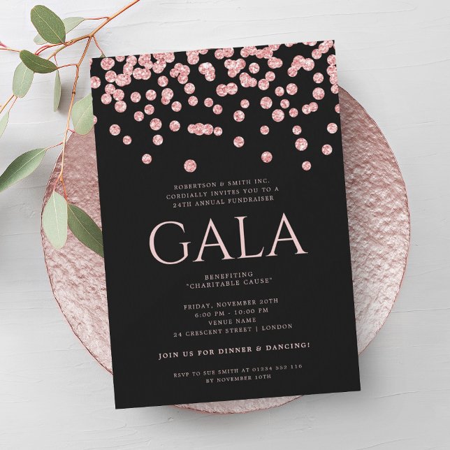 Corporate Gala Ro Guld Black Glitter Confetti Inbjudningar (Corporate Gala Rose Gold Black Glitter Confetti Invitation)