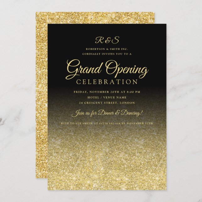 Corporate Grand Open Guld Glam Glitter Black Inbjudningar (Fram/baksida)