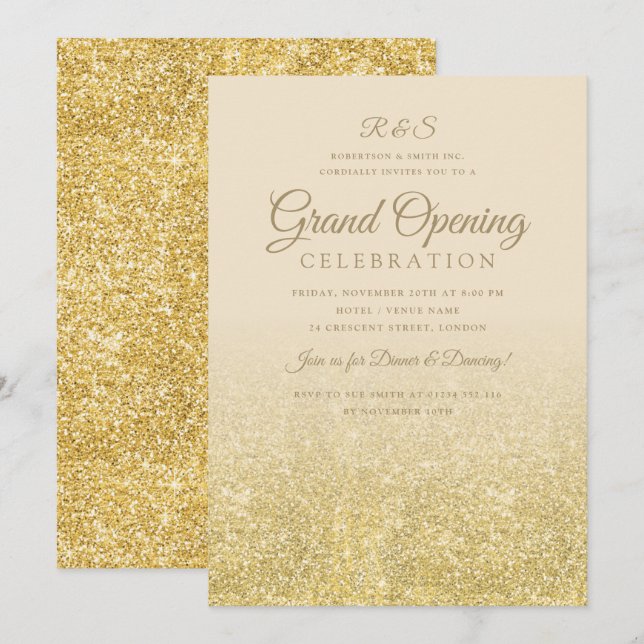 Corporate Grand Open Guld Glam Glitter Cream Inbjudningar (Fram/baksida)