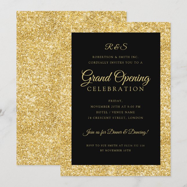 Corporate Grand Open Guld Glitter Monogram  Inbjudningar (Fram/baksida)