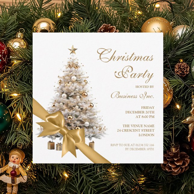 Corporate Guld Julgran & Bow Julfest Inbjudningar (Corporate Gold Christmas Tree & Bow Holiday Party Invitation)