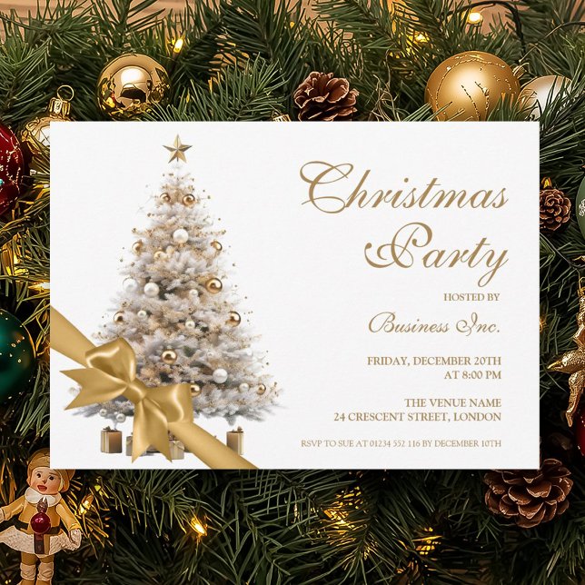 Corporate Guld Julgran & Bow Julfest Inbjudningar (Corporate Gold Christmas Tree & Bow Holiday Party Invitation)