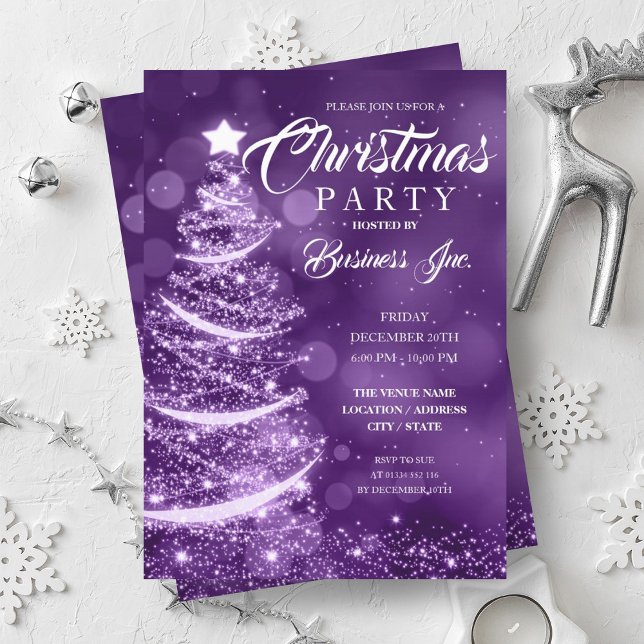 CORPORATE JULGRAN GNISTRA LILA PARTY INBJUDNINGAR (CORPORATE Christmas Tree Sparkle Purple Party Invitation)