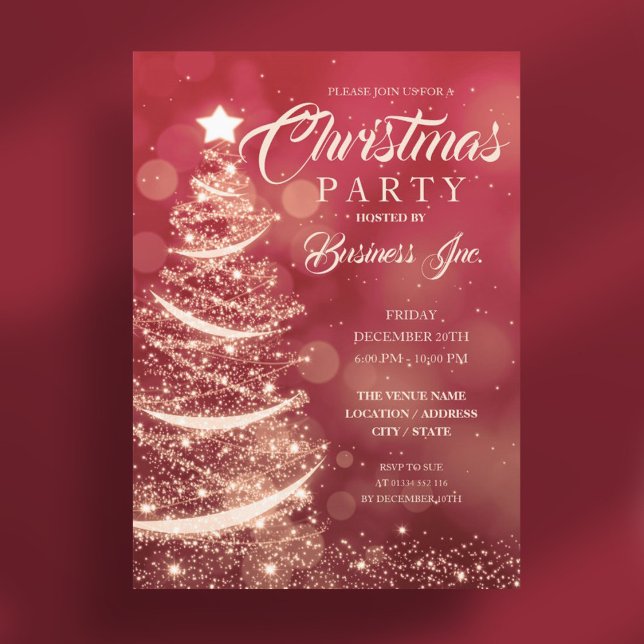 CORPORATE Julgran Gnistra Red Guld Party Inbjudningar (CORPORATE Christmas Tree Sparkle Red Gold Party Invitation)