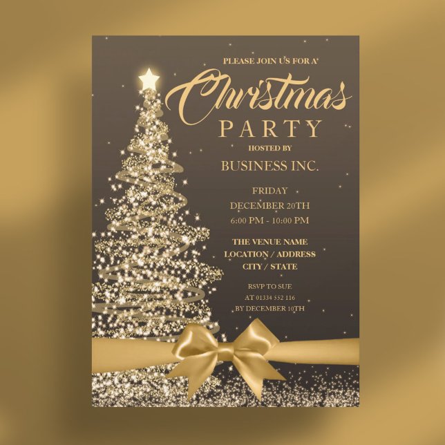CORPORATE Julgran Ribbon Guld Party Inbjudningar (CORPORATE Christmas Tree Ribbon Gold Party Invitation)
