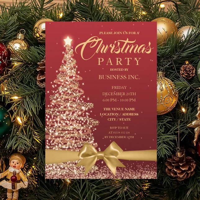 CORPORATE Julgran Ribbon Red Guld Party Inbjudningar (CORPORATE Christmas Tree Ribbon Red Gold Party Invitation)