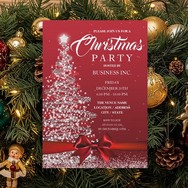 CORPORATE Julgran Ribbon Red Party Inbjudningar (CORPORATE Christmas Tree Ribbon Red Party Invitation)