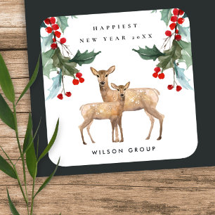 CORPORATE RED GRÖNT HOLLY BERRY HJORT DUO NEW YEAR FYRKANTIGT KLISTERMÄRKE