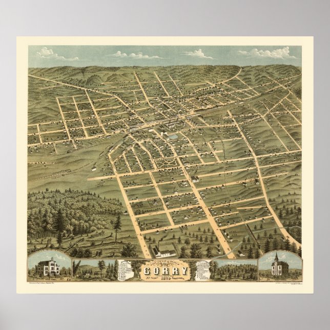 Corry, PA Panoramic Karta - 1870 Poster (Framsidan)