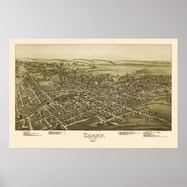 Corry, PA Panoramic Karta - 1895 Poster (Framsidan)