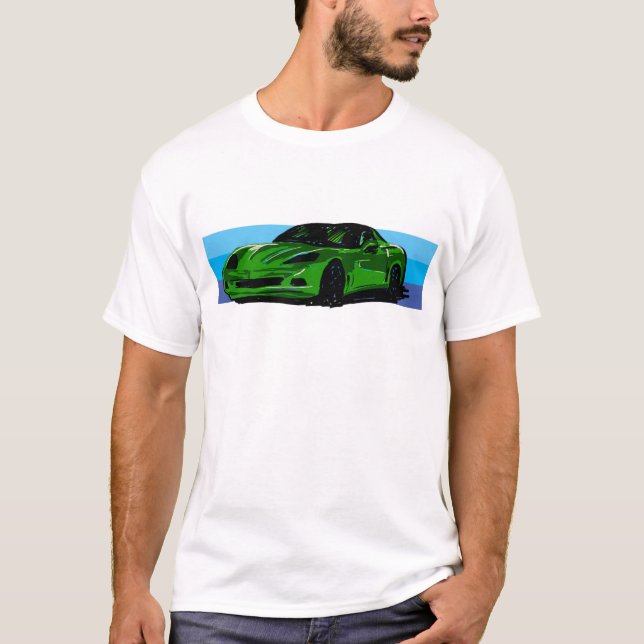 Corvette C6 Grönt Sportscar med Blue Rand T Shirt (Framsida)