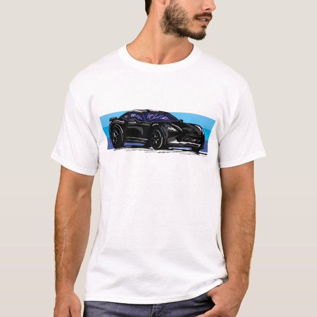 Corvette C7 Black Sportscar med Blue Rand T Shirt (Framsida)