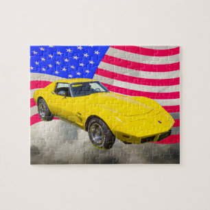 Corvette Stingray 1975 med amerikanska flaggan Pussel