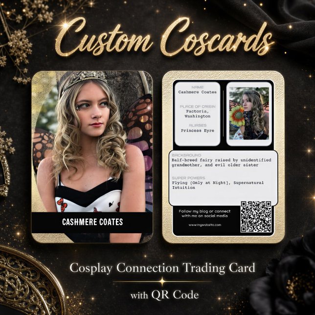 Coscards | Cosplay QR-kod Anslutning Trading Card Visitkort (This coscard design features your photo, character profile info, custom text and connection qr code)