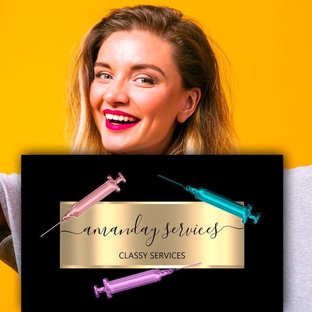 Cosmetolog Syringe Botox B12 QRCode Black Guld Visitkort (Cosmetologist Syringe Botox B12 QRCode Black Gold Business Card)