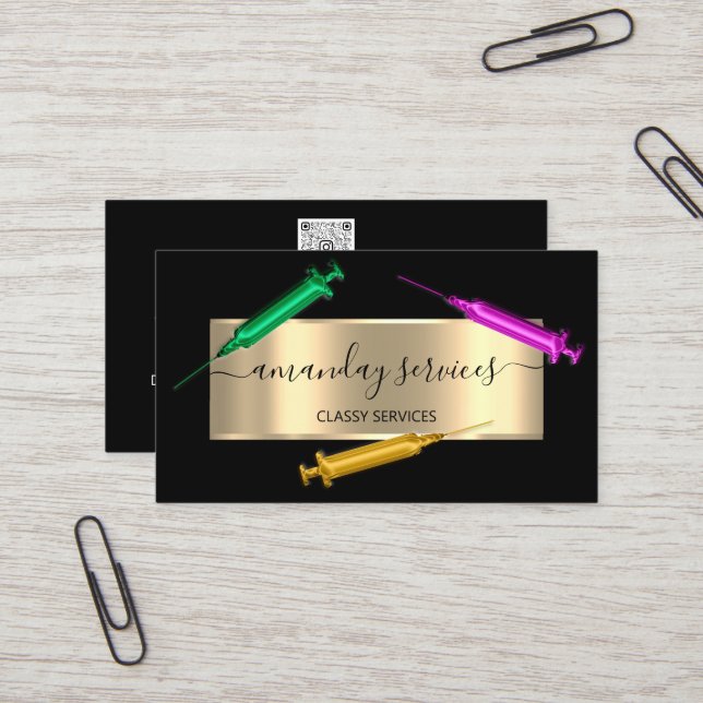 Cosmetolog Syringe Botox B12 QRCode Black Rosa Visitkort (Fram/Back In Situ)