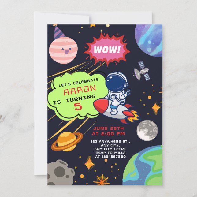 Cosmic Birthday Äventyr med Astronaut Inbjudningar (Framsida)
